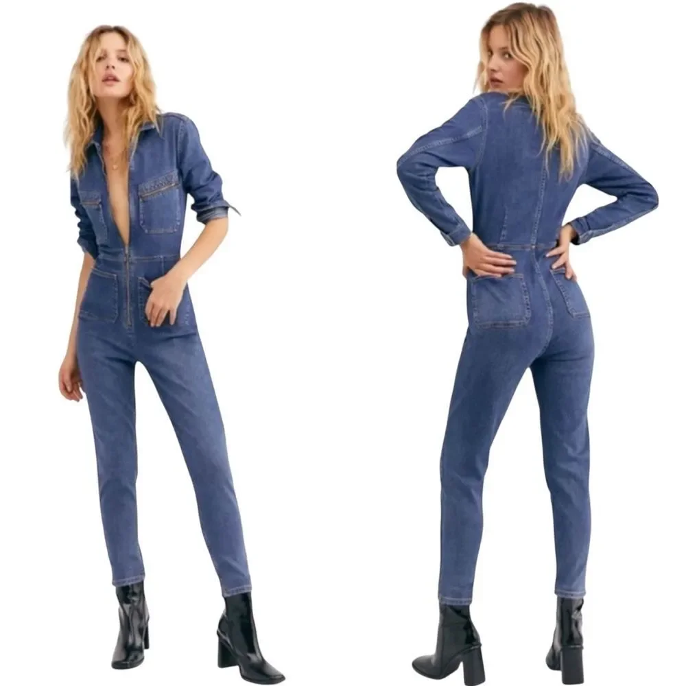 Free People Lennox Blue Denim Coverall Jumpsuit Zip Front Utility Fitted M